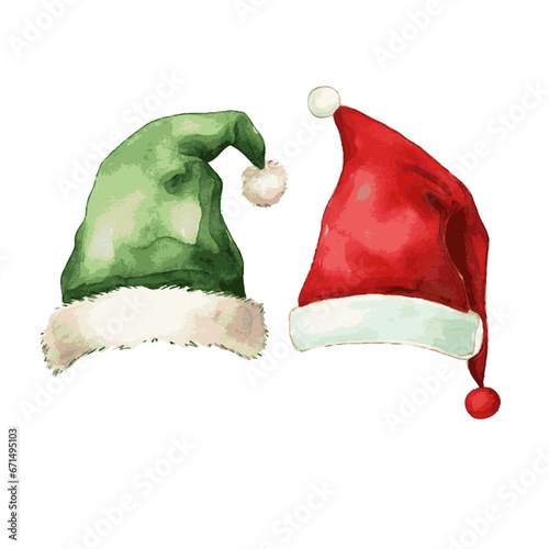 Santa Claus red hat and elf green hat watercolor painting for Christmas decor