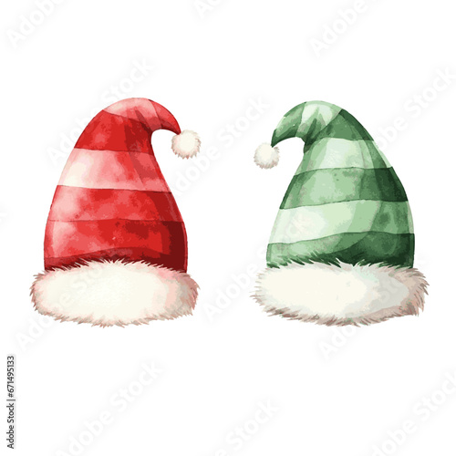 Santa Claus red hat and elf green hat watercolor painting for Christmas decor