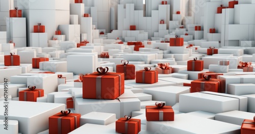 Valentine s day concept. gifts are white on red boxes with red ribbons. generative ai.