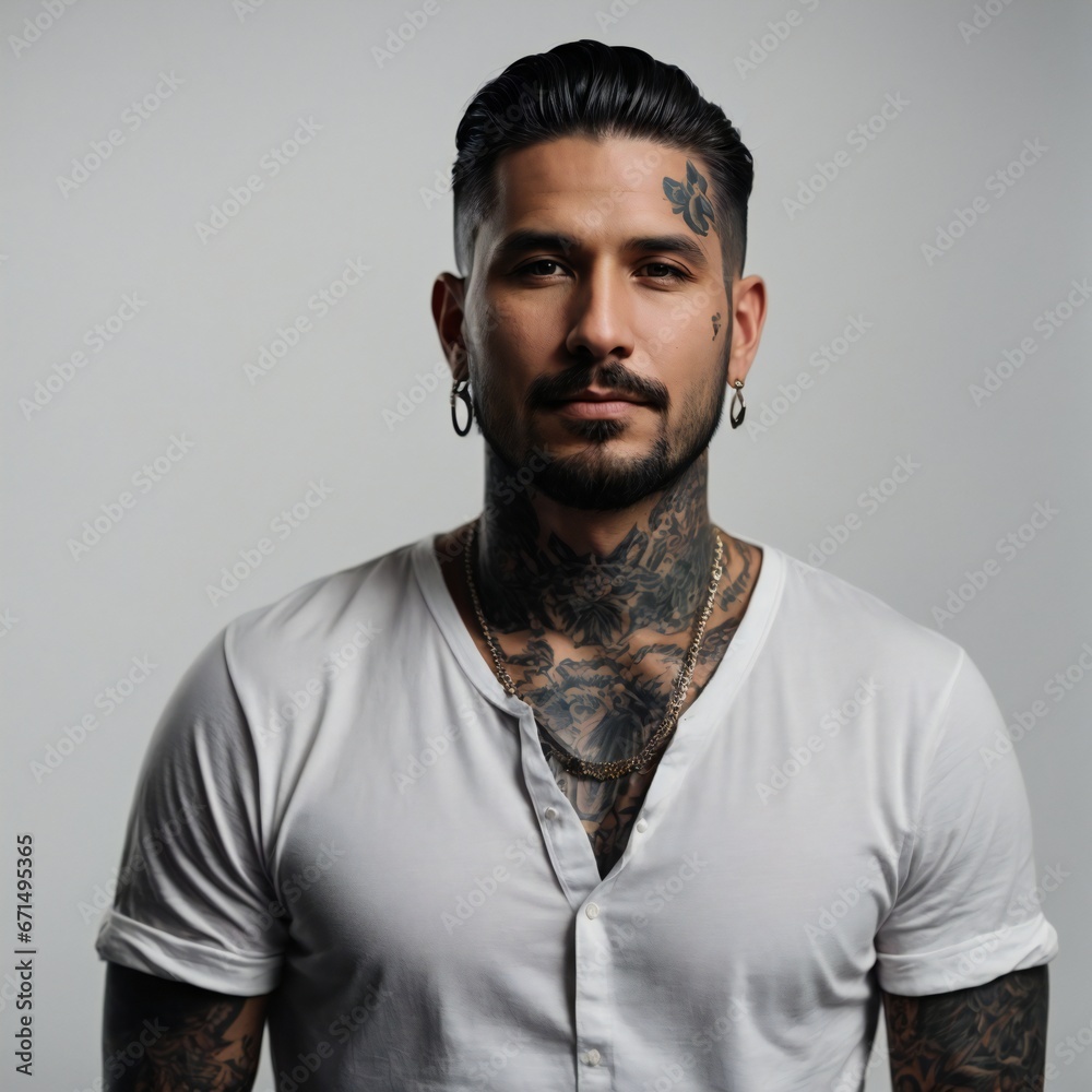 Obraz premium Portrait of professional male tattoo artist standing confidently against gray background 