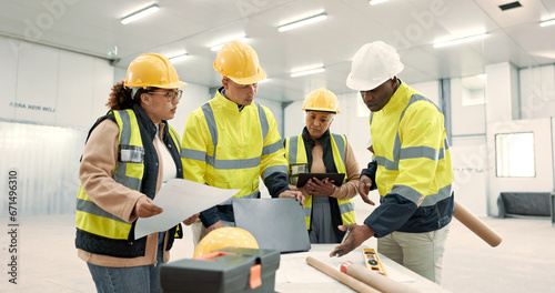 Engineering group, blueprint planning and tablet at construction site, warehouse or design development, Industry people talking of floor plan on laptop, digital technology and architecture renovation