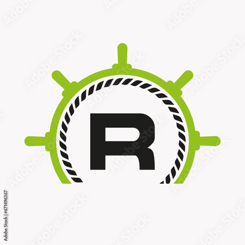Letter R Cruise Steering Logo. Yacht Symbol, Ship Logotype, Marine Sign Template