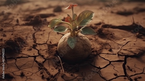 A close up of a plant with red leaves in the middle of the soil photo