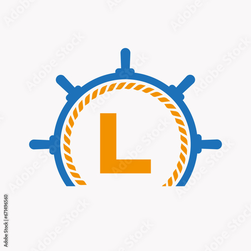 Letter L Cruise Steering Logo. Yacht Symbol, Ship Logotype, Marine Sign Template