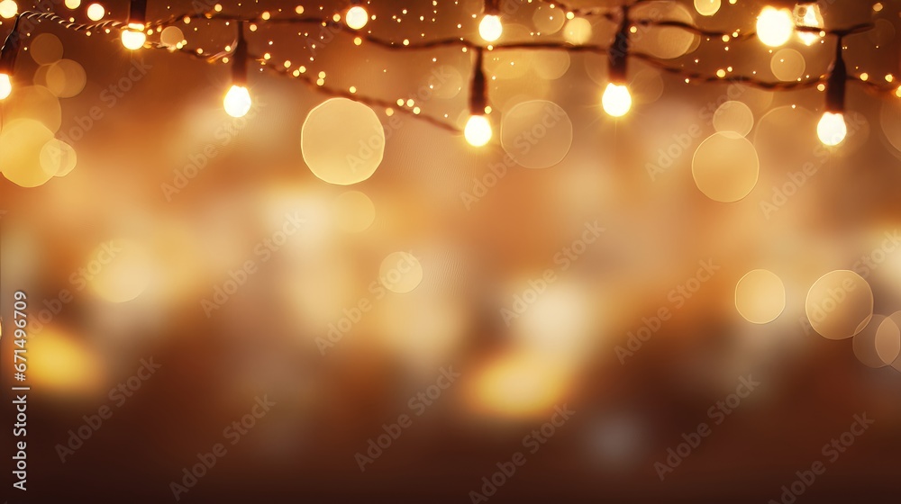 A cozy and warm background of blurred orange bokeh lights with a string of lights in the foreground. The lights create a cheerful and festive mood. A cozy and warm background of blurred orange bokeh lights with a string of lights in the foreground. The lights create a cheerful and festive mood.