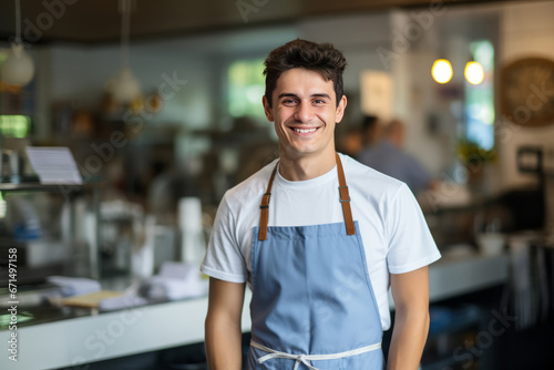 Young smiling man supermarket worker. AI generative