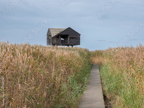 Tidal Marsh bird hide Kiekkaste in the province of Groningen in the Netherlands © MyStockVideo