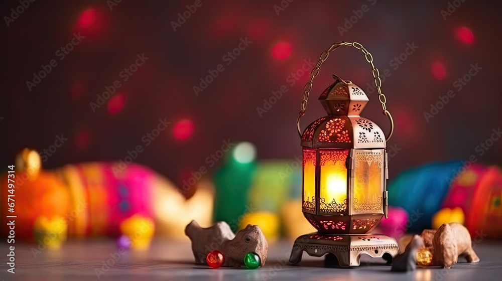 A lantern and a toy bear are on a table in front of a colorful background.