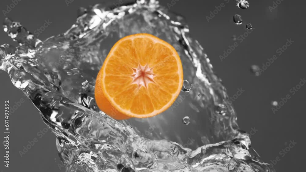 Washing fresh orange fruit slices splashed by clean water droplets falling down in super slow motion on dark background Washing fresh orange fruit slices splashed by clean water droplets falling down in super slow motion on dark background