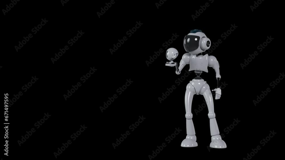 the robot studies the object levitating in his hand the robot studies the object levitating in his hand