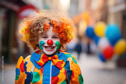 Happy young boy child dressed up with colorful clown costume for European carnival celebration
