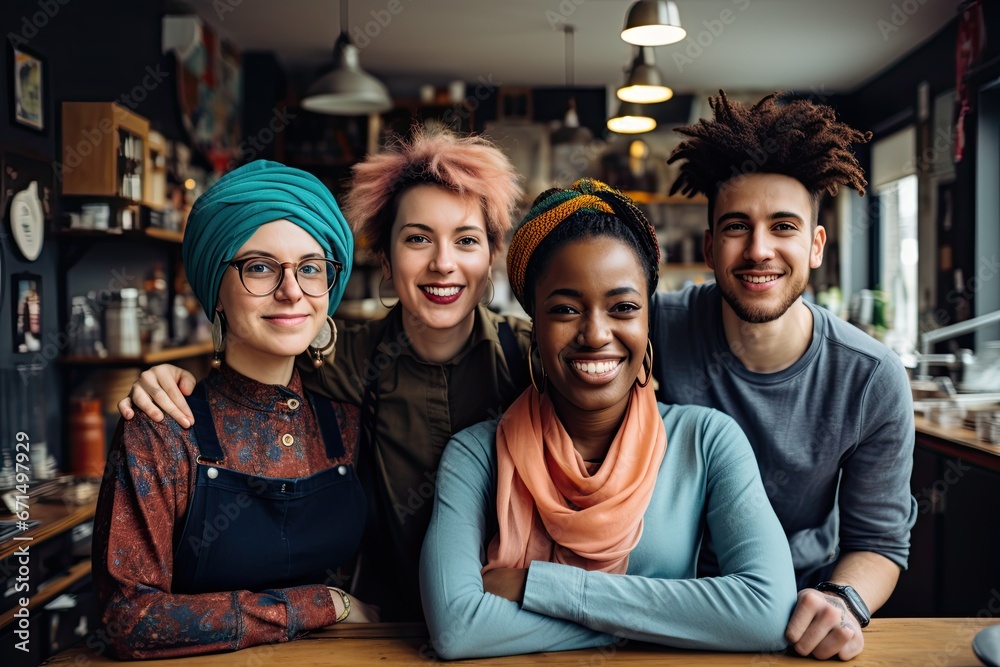 group of hipster queer diverse young people at work - obrazy, fototapety, plakaty 