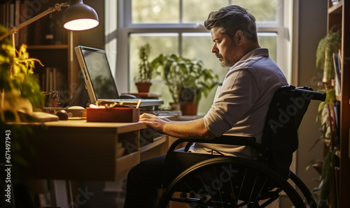 Telecommuting Accessibility: Man in Wheelchair at Home Office photo