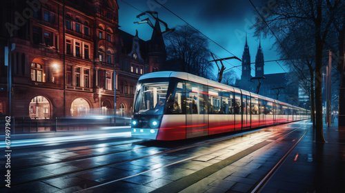 Tram at night in a city