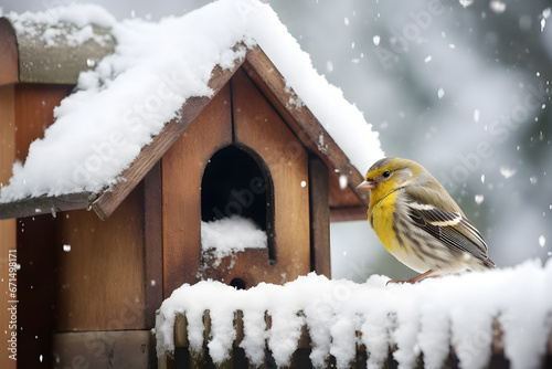 Small snogbird next to feeding house in snow during winter