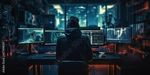 Tech Enthusiast Monitoring Global Data in a Dark Control Room. Hacker concept. Generative AI © AngrySun