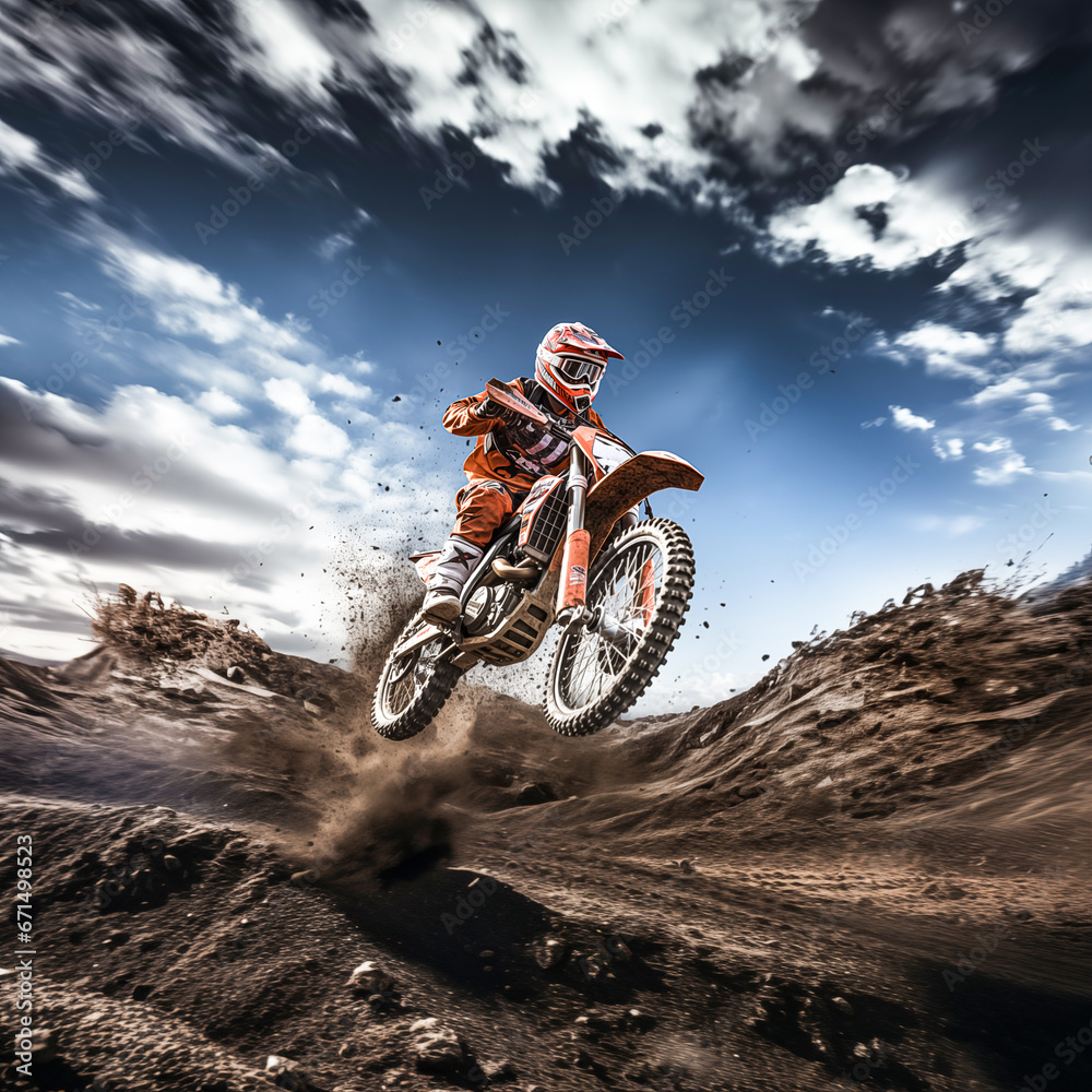 Naklejka premium Motocross rider on the race. Extreme motocross concept. Motocross rider on the race track in action. Mixed media. 
