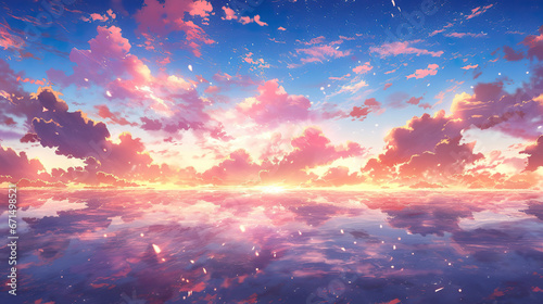 wonderful scenery of a risign sun at the horizon on the ocean, anime manga wallpaper