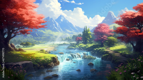 beautiful relaxing anime manga artwork showing a flowing river scenery, mountains in background