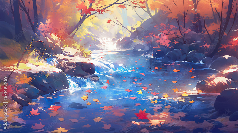 autumn inspired anime artwork showing a flowing river in a forest
