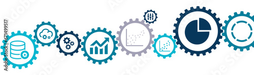 Database management system(DMS) banner vector illustration with the icons of business analytics, dashboard, marketing, KPI, finance, cyberspace, database, server, management, interface, intelligence
