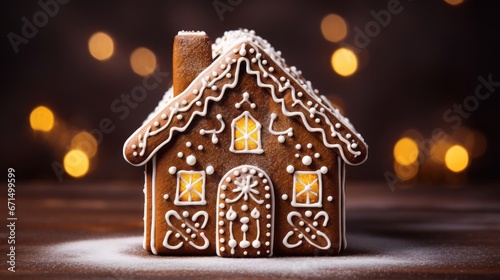 A gingerbread house with a dark background and bokeh lights. The concept is Christmas and cozy winter.