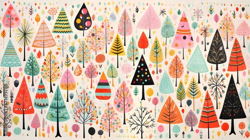 Christmas illustration, winter forest with colorful trees and nature.