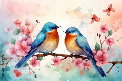 Spring background with birds and flowers  Generative AI