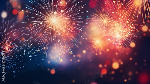 A festive and colorful image of fireworks in the night sky. The fireworks create a beautiful and abstract pattern of light and sparks.