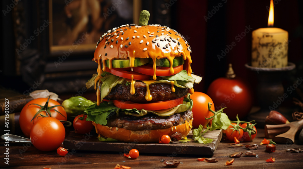 A burger with a pumpkin patty, cherry tomatoes.