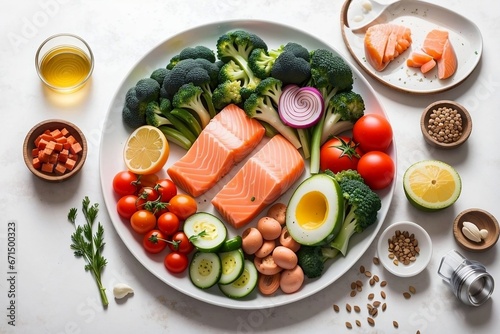 Ketogenic keto diet including vegetables ,meat and fish set on the plate on at the white background ,top view photo.