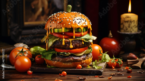 A burger with a pumpkin patty, cherry tomatoes.