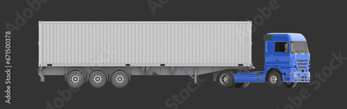 A blue truck with a trailer on which a sea container is located. 3d illustration. Orthographic view. Isolated on a dark background.