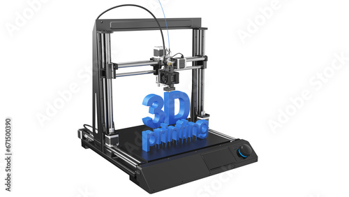 Extruder technology. 3d printer in the process of printing. The text shape is printed: "3D printing". 3d illustration. Isolated on white background