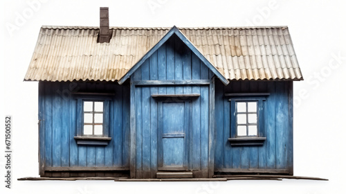 Old small blue wooden village house built of planks
