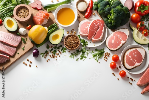 Ketogenic keto diet including vegetables , meat and fish flatlay on white background,top view photo,copy space.