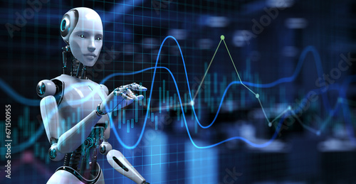 Robotic data analysis automation trading robot. Business finance technology concept. 3d render.