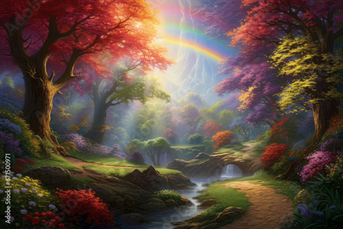 The concept of ``Garden of Eden'' that appears in the Old Testament ``Genesis''. A rainbow in the sky of "Paradise". The river that waters the garden, the tree of life, and the tree of wisdom.