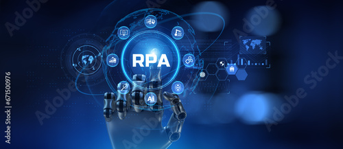 RPA Robotic process automation technology innovation concept. Robot hand pressing button on screen 3d render.