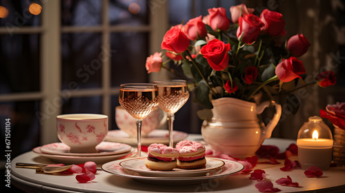 A beautifully decorated dining table with fine china and candlelight, creating a luxurious and lovely ambiance for a special Valentine's Day dinner.