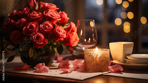 A beautifully decorated dining table with fine china and candlelight  creating a luxurious and lovely ambiance for a special Valentine s Day dinner.