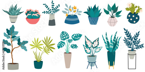 House plants, Urban jungle, fashionable home decor with plants, cacti, tropical leaves in stylish pots and pots. Flat vector illustration isolated on white background