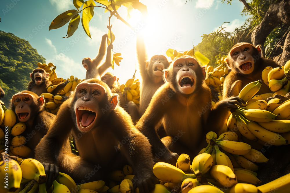 Illustration of monkeys near the banana plant in tropical forest - obrazy, fototapety, plakaty 