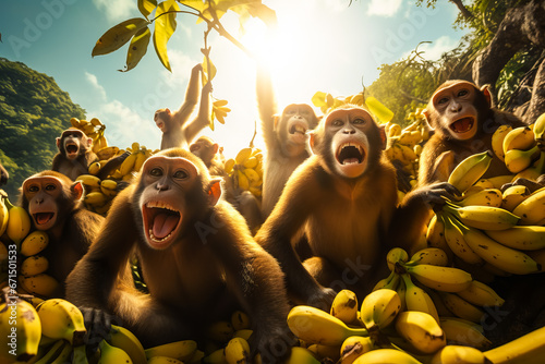 Illustration of monkeys near the banana plant in tropical forest © zamuruev