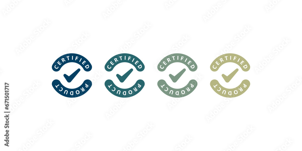Stamp sticker with certified product guarantee sign set. Warranty check mark on approval high standard insignia badge vector illustration isolated on white background