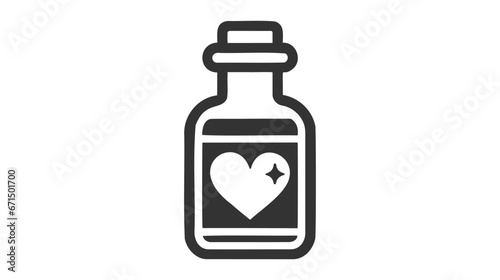 Monochrome vector icon of a bottle with a heart and a star on its label.