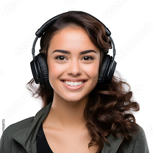 close-up portrait of a young and smiling Hispanic girl while listening to music with headphones. Isolated on white background.
