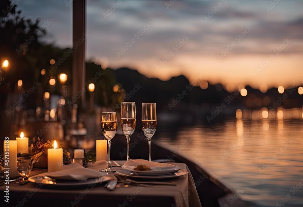 In a riverside restaurant, a romantic candlelit scene unfolds, sits under the soft glow of candlelight, gazing out at the serene waters of the River,