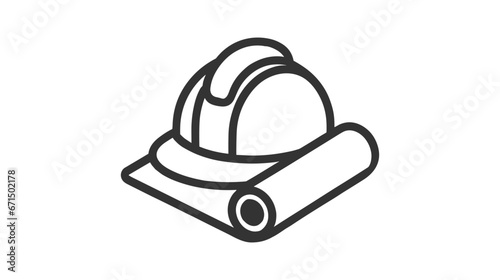 A black vector icon of a construction helmet resting on rolled blueprints