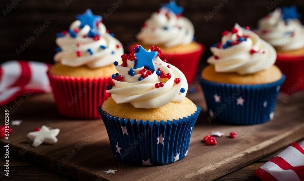 Patriotic cupcakes with sprinkles and American flag for 4th of July Holiday, Generative AI
